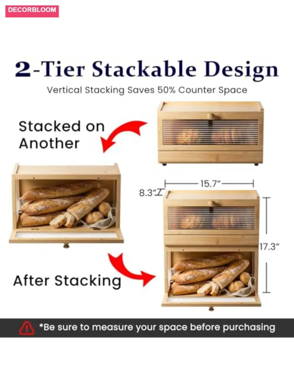 Stackable 2-Tier Bamboo Bread Box with Acrylic Window, Airtight Storage for